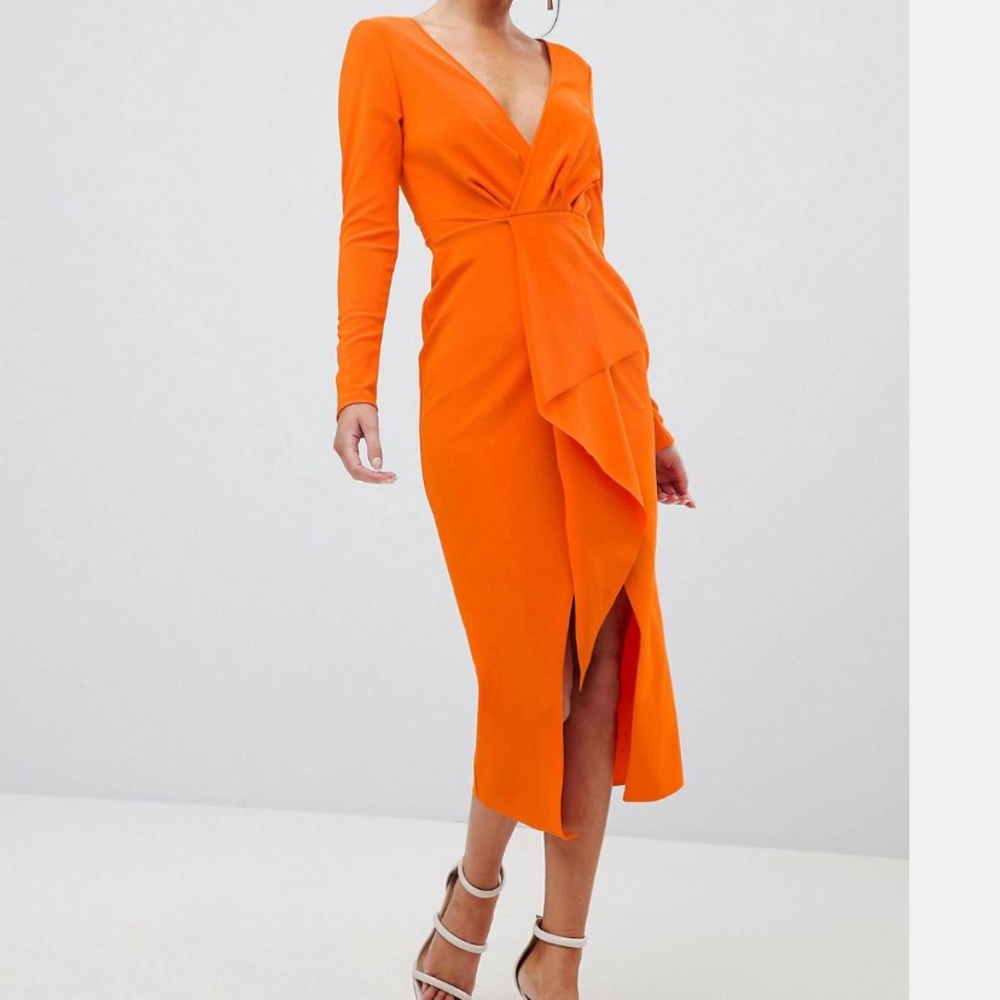 Bright orange backless ASOS midi dress